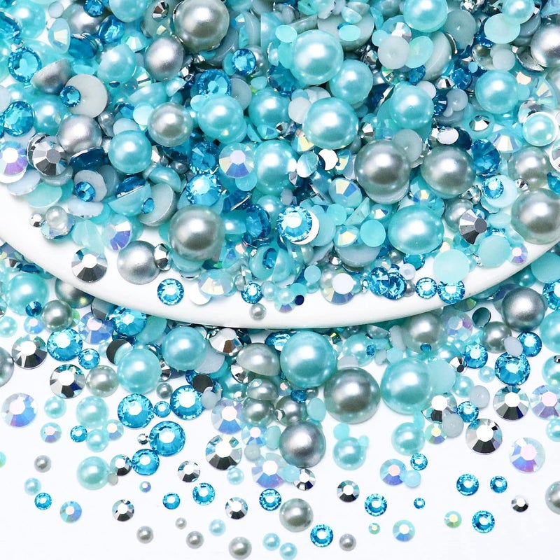 Towenm Townem 60g Mix Pearls and Rhinestones, Flatback Rhinestones and Pearls for Crafts Tumblers Shoes Nails Face Art, Mixed Sizes 2mm-10mm, Aquamarine|Silver|Gray - Image 1